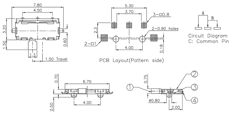 K3-1203S兩檔貼片撥動開關(guān)
